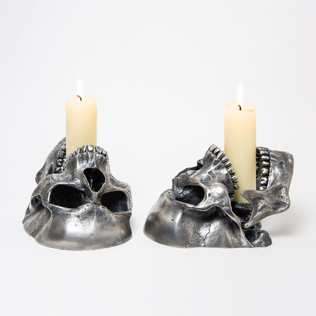 Sinister and Dexter Candlesticks // Silvered Bronze // Set of 2