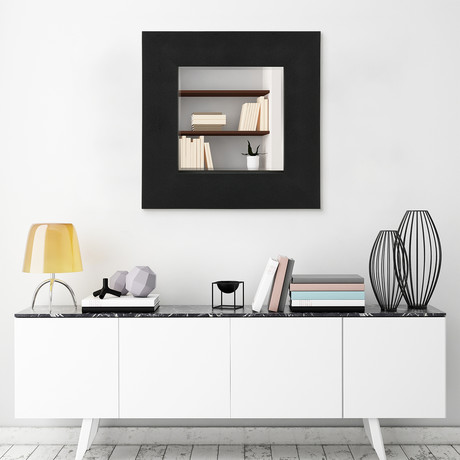 Black + Black Metallic Shagreen Leather Framed Beveled Mirror // 30" x 30"