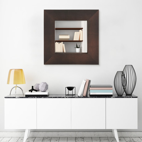 Bronze + Black Metallic Shagreen Leather Framed Beveled Mirror // 30" x 30"