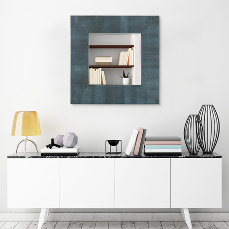 Black + Blue Metallic Shagreen Leather Framed Beveled Mirror // 30" x 30"