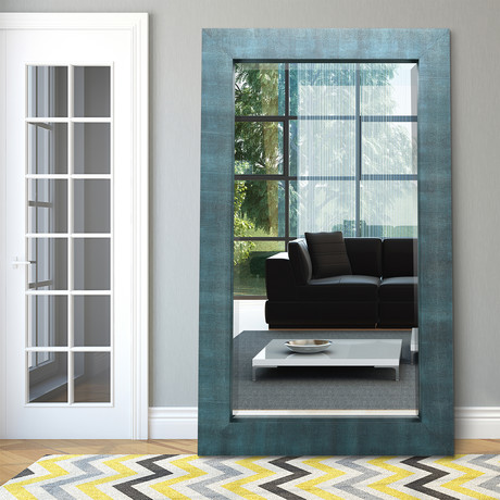 Black + Blue Metallic Shagreen Leather Framed Beveled Mirror // 80" x 48"