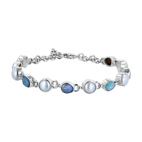 Women's Opal + Pearl Bracelet // Silver + Blue + White