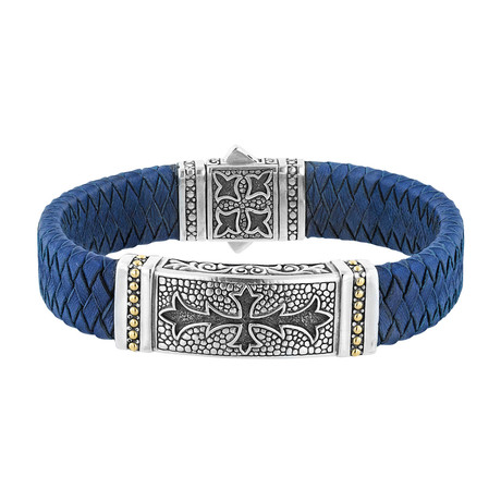 Men's Silver + 18K Gold + Leather Bracelet // Blue