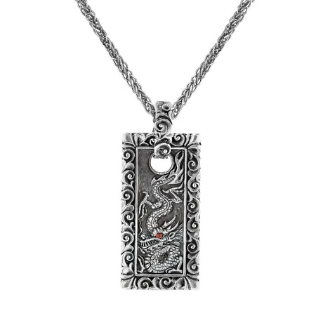 Men's Garnet Accent Dragon Pendant + Chain // Silver + Red