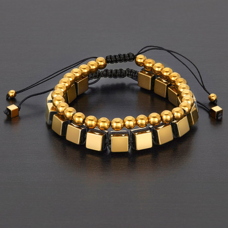 Round + Cube Hematite Natural Stone Bracelet Set // Gold