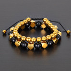 Faceted + Round Hematite + Round Agate Natural Stone Bracelet Set // Gold + Black