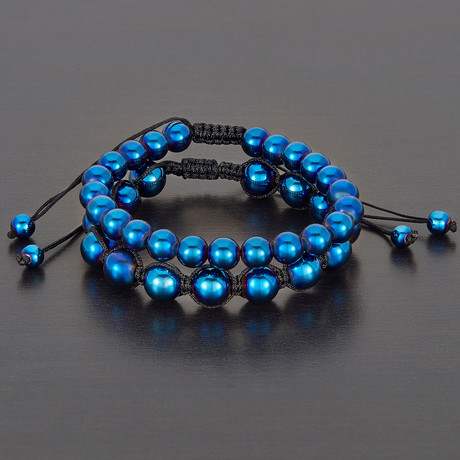 Blue Round Hematite Natural Stone Bracelet Set // Blue