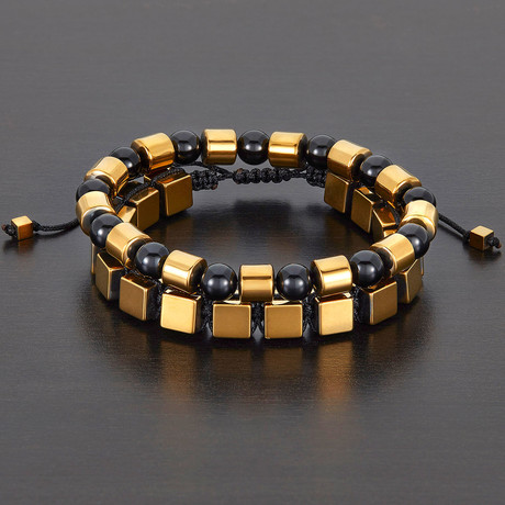Barrel + Cube Hematite + Round Black Agate Natural Stone Bracelet Set (Gold)