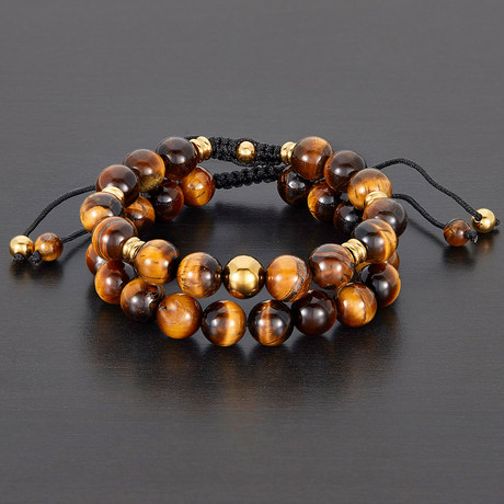 Stainless Steel + Polished Tiger Eye Natural Stone Bracelet Set // Brown + Gold