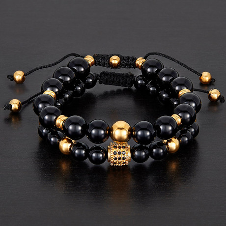 Stainless Steel + Onyx Natural Stone Bracelet Set // Gold + Black