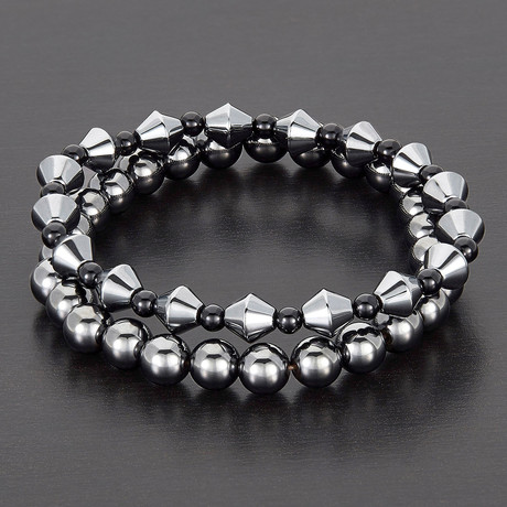 Round + Bicone Hematite + Polished Onyx Natural Stone Bracelet Set // Silver + Black
