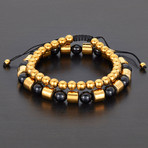 Barrel + Round Hematite Beads + Polished Agate Natural Stone Bracelet Set (Gold)
