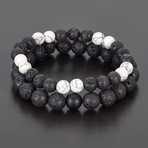 Lava + Howlite Natural Stone Stretch Bracelet Set // Black + White