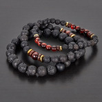 Hematite + Wood + Lava Natural Stone 3-Piece Stretch Bracelet Set // Red + Black + Gold + Brown
