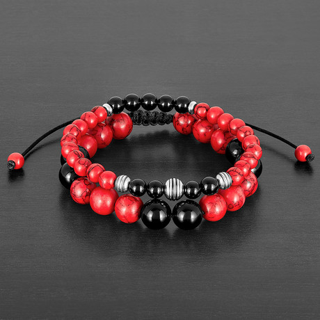 Stainless Steel + Red Dyed Turquoise + Polished Agate Natural Stone Bracelet Set // Red + Silver + Black
