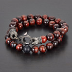 Stainless Steel + Polished Tiger Eye Natural Stone Bracelet Set // Red + Gray