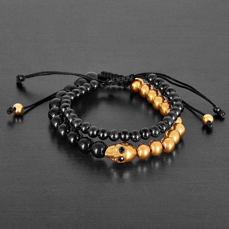 Stainless Steel Skull + Beads + Agate + Hematite Natural Stone Bracelet Set // Gold + Black