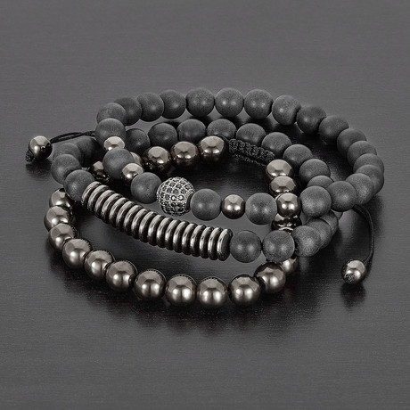 Black Plated Hematite + Matte Agate Natural Stone Bracelet Set // Black