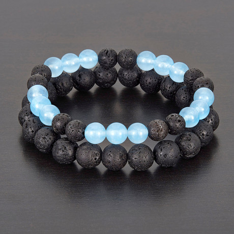 Lava + Sky Blue Quartz Natural Stone Stretch Bracelet Set // Black + Blue