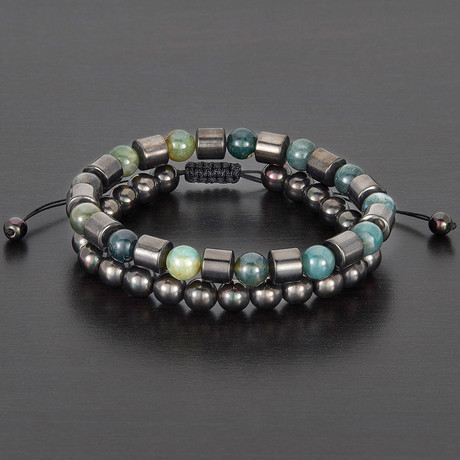 Barrel + Round Hematite Beads + Moss Agate Natural Stone Bracelet Set // Green + Gray