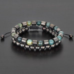 Barrel + Round Hematite Beads + Moss Agate Natural Stone Bracelet Set // Green + Gray