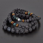 Hematite + Wood + Lava Natural Stone 3-Piece Stretch Bracelet Set // Red + Black + Gold + Brown
