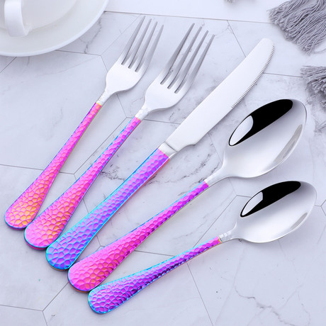 Textured Collection 5 Piece Cutlery Set // Rainbow (Silver Tip)