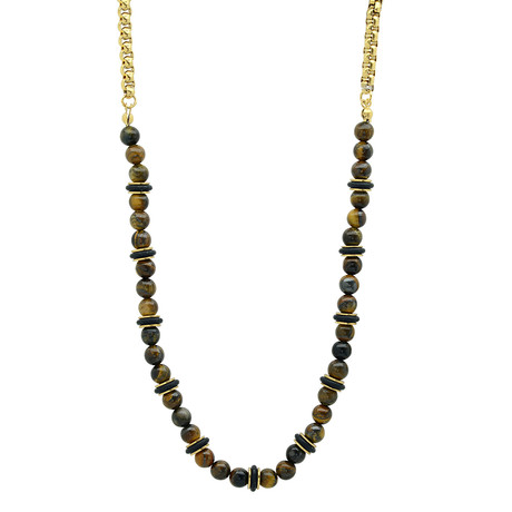 Tiger Eye + Rubber + Steel Chain Necklace // Black + Gold Plated