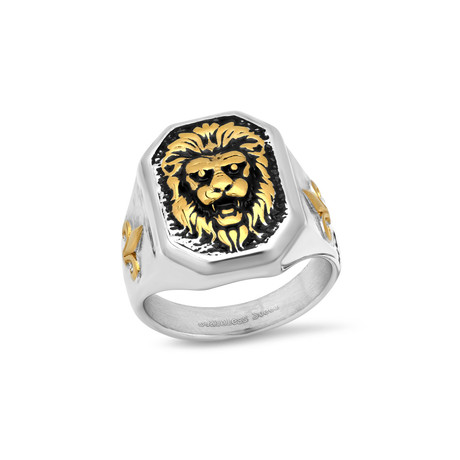 Lion Square Signet Ring // Silver + Gold (Size 9)