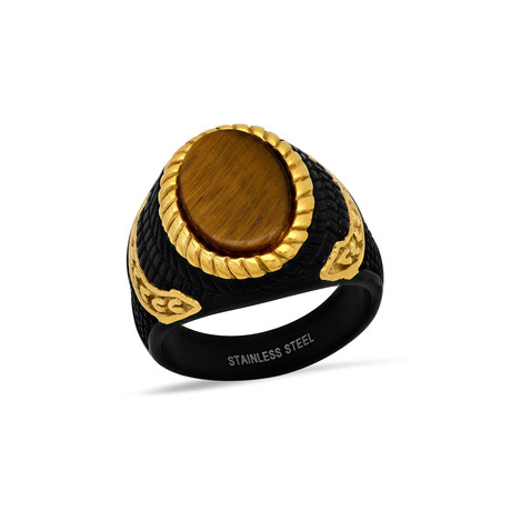 Oval Tiger Eye Ring // Black + Gold Plated (Size 9)