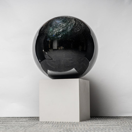 Massive Polished Black Silver Sheen Obsidian Sphere + Wooden Base // 200 lb Sphere