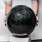 Massive Polished Black Silver Sheen Obsidian Sphere + Wooden Base // 200 lb Sphere