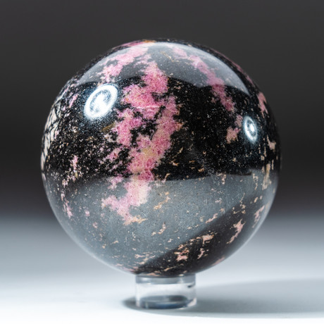 Polished Rhodonite Sphere + Acrylic Display Stand V3