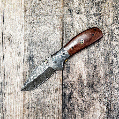 Damascus Bolster Tanto Folder // Brown Micarta