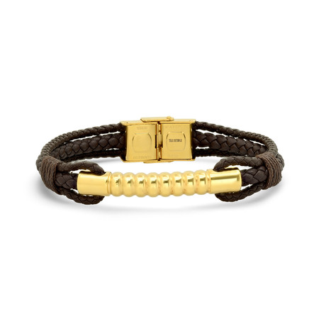 Leather + Stainless Steel Accent Bracelet (Brown + Yellow)