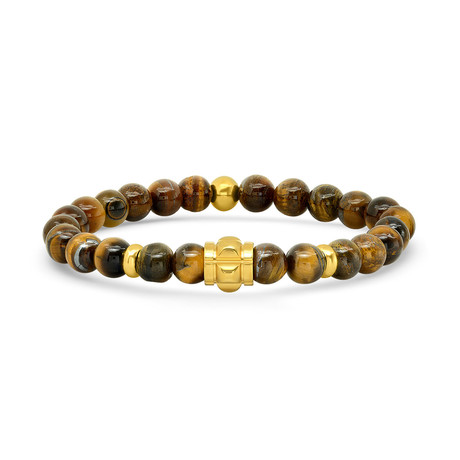 Tiger Eye + Stainless Steel Studded Bracelet // Yellow + Brown