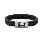 Anthony Jacobs // Leather + Stainless Steel Oxidized Skull Bracelet // Black