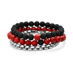 Lava Stone + Turquoise + Box Link Bracelets // Set of 3 // Black + Turquoise + SIlver (Red)