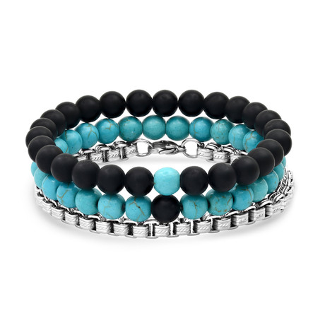 Anthony Jacobs // Lava + Round Box Link Bracelet Set // Black + Turquoise + Metallic