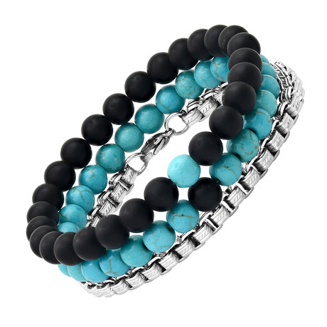 Lava Stone + Turquoise + Box Link Bracelets // Set of 3 // Black + Turquoise + SIlver