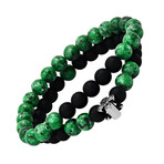 Lava + Agate Beaded Bracelet // Set of 2 // Green + Black + Metallic