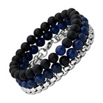 Lava Stone + Turquoise + Box Link Bracelets // Set of 3 // Black + Turquoise + SIlver