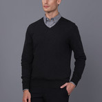 Solid V-Neck Pullover // Black Melange (L)
