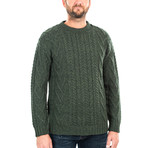 Traditional Aran Crew Neck Sweater // Army Green (Small)