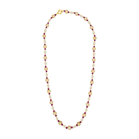 Assael 18k Yellow Gold Single Strand Moonstone + Ruby + Golden South Sea Pearl Necklace