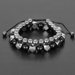 Natural Faceted + Round Hematite + Round Agate Natural Stone Bracelet Set // Black + Gray