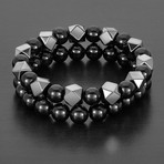 Faceted Hematite + Polished Black Agate Natural Stone Stretch Bracelet Set (Silver)