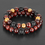 Stainless Steel + Tiger Eye + Agate Natural Stone Bracelet Set // Black + Red + Gold