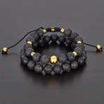 Stainless Steel + Lava Natural Stone Bracelet Set // Black + Gold