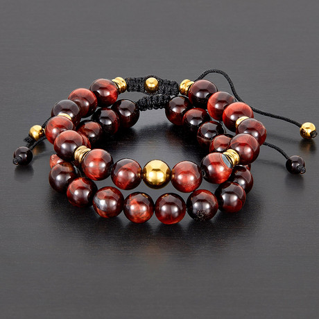 Stainless Steel + Tiger Eye Natural Stone Bracelet Set // Red + Gold